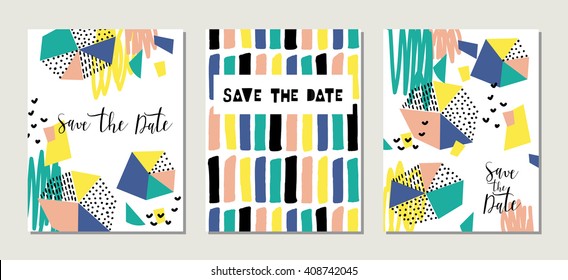 Collection of 3 cute card templates. Wedding, marriage, save the date, baby shower, bridal, birthday, Valentine's day. Stylish simple design. Vector illustration.
