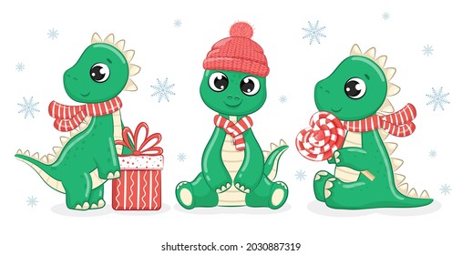A collection of 3 cute dinosaurs for the New Year. Vector cartoon illustration.