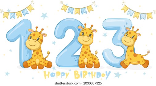 Collection of 3 cute giraffes "Happy birthday, 1,2,3 years". Vector illustration of a cartoon.