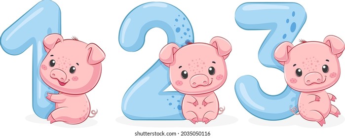 Collection of 3 cute piglets "Happy birthday, 1,2,3 years". Vector illustration of a cartoon.