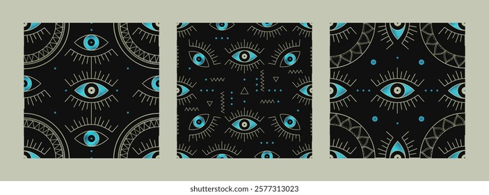 A collection of 3 dark mystical seamless vectors featuring stylized blue eyes with golden geometric circles and lines. Art deco inspired design with repeating motifs in turquoise and gold colors.