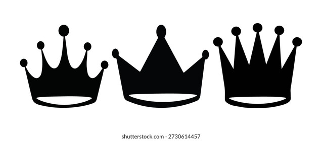 Colección de 3 elegantes siluetas de corona negra. Perfecto para logotipos, marcas reales y gráficos de lujo. Elementos de Vector aislados.
