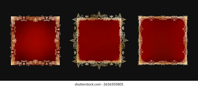 Collection of 3 elegant square golden frames. Detailed floral and ornamental border designs. Versatile for invitations, photos, or decorative use. Artistic vector illustration.