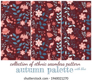 collection of 3 ethnic seamless pattern with natural elements in blue and orange palette, brown background