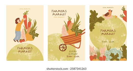 Collection of 3 Farmers Market ads banners. Featuring bountiful organic veggie, farmer, wheelbarrow, set on abstract background. Posters designed in pastel beige green hues, muted modern color scheme.