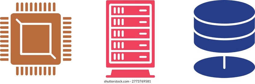 A collection of 3 flat vector icons representing a CPU processor and server rack and database cylinder. These colorful illustrations are ideal for IT and techn.
