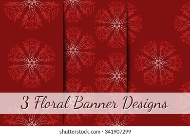 A collection of 3 floral banners with stylized flowers on red background, design template for postcards, greeting cards, creative projects, advertisement. Vector illustration.