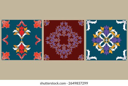 Coleção de 3 azulejos de flores Azulejo. Padrões coloridos sem emenda no estilo azulejo. Azulejo coleção oriental texturas sem costura. Portugal espanhol cerâmica. Vetor