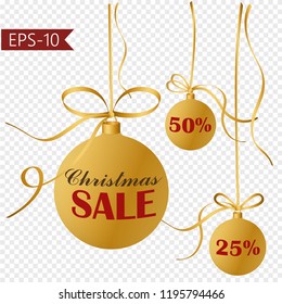 Collection of 3 gold Christmas balls hanging on gold ribbon with Christmas Sale phrase and discout tags on transparent background. Vector.Eps10.