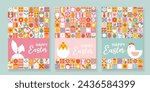 Collection 3 greeting posters for Happy Easter with text. Modern design with simple geometric patterns. Icons with eggs, bunny, flowers, chicken. Bauhaus style. Layout for card, advertising, banner