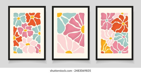 Collection 3 hand drawn abstract grainy textured curly colorful flowers in Matisse style. Grainy texture effect. Contemporary floral design for interior decoration, banner, cover, print, postcard.