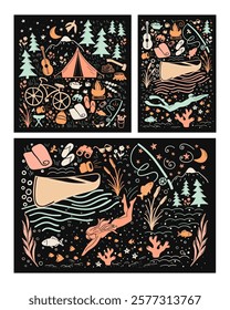 Collection of 3 high contrast artistic vector illustrations, showing outdoor travelling activities. Scenes of campfire, boating, fishing, diving. All drawn in flat style with stylish colors.