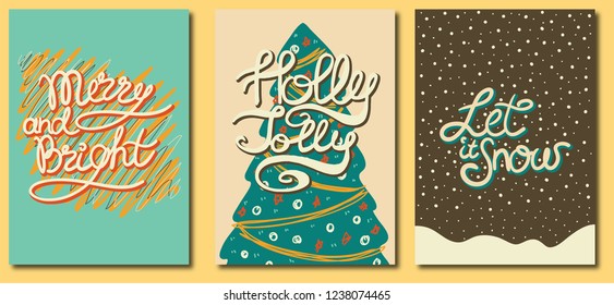 Collection of 3 holidays cards and posters made in retro style. Greeting set with hand drawn pine tree, snow and decorations. Hand written lettering. Vintage colors vector illustration. EPS8 vector.