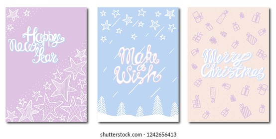 Collection of 3 holidays cards and posters made in sweet pastel style. Greeting set with hand drawn pine trees, stars, snow and gifts. Hand written lettering. Colorful illustration. EPS8 vector.