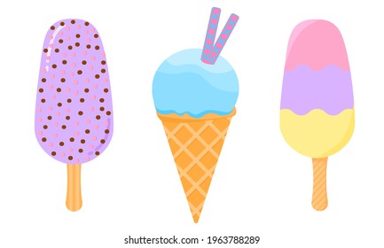 A collection of 3 ice creams - tricolor, cone, lilac creamy with multi-colored culinary powder