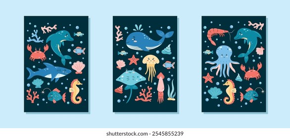 Collection of 3 interior posters with marine animals on dark background. Character in children's style. vector illustration.