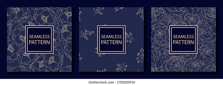 Collection of 3 luxury vintage seamless patterns with flowers. Book cover, card invitation with flower texture. Rich dark blue and gold colors. Vector illustration.