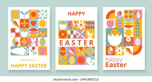 Collection 3 multicolored celebration posters for Happy Easter. Trendy design with geometric forms and typography. Bauhaus style. Template for card, poster, flyer, banner, cover