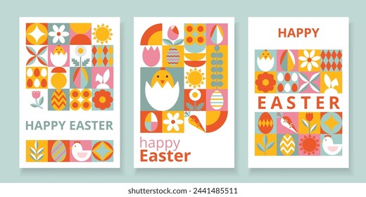 Collection 3 multicolored greeting posters for Happy Easter. Trendy design with geometric shapes. Stylized eggs, bunny, flowers, nestling. Bauhaus style. Template for card, poster, flyer, banner