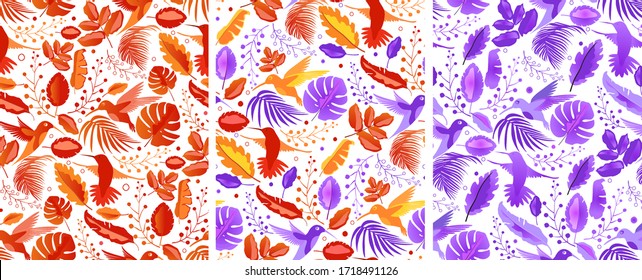 A collection of 3 patterns of vector illustrations of bright colorful exotic hummingbirds of birds, and leaves of plants on a white background. Suitable for fabric, wallpaper