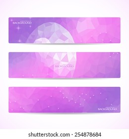 Collection of the 3 purple web banners . Abstract Moon Polygonal background . Can be used for your design .Vector illustration.