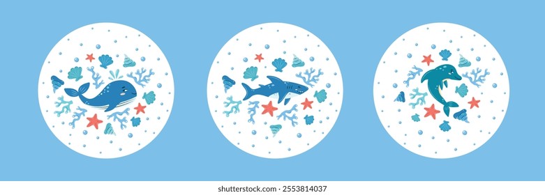 Collection of 3 round interior posters with marine animals whale shark and dolphin on white background. Character in children's style. vector illustration.