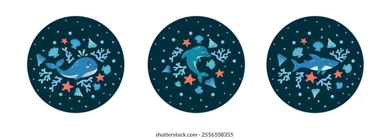 Collection of 3 round interior posters with marine animals whale shark and dolphin on dark background. Character in children's style. vector illustration.