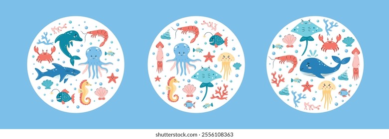 Collection of 3 round interior posters with marine animals on white background. Character in children's style. vector illustration.