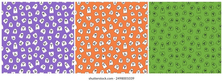 Collection of 3 seamless ghost patterns. Cute designs for wraps, prints, notepads, notebooks, wallpaper and more. Halloween Celebration. Hand drawn ghosts. Vector illustration.