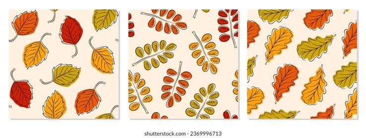Collection of 3 seamless pattern with autumn leaves in line art style. Great for backgrounds, cards, gift wrapping paper, home decor. Vector illustration.