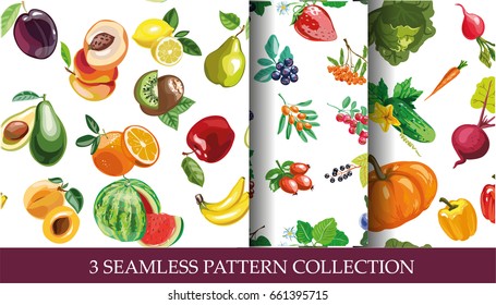Collection of 3 seamless vector patterns with berries, fruits and vegetables