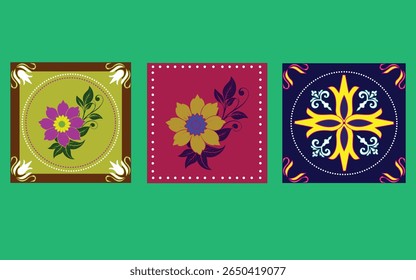 Coleção de 3 azulejos de flores de conjunto Azulejo. Padrões coloridos sem emenda no estilo azulejo. Azulejo coleção oriental texturas sem costura. Portugal espanhol cerâmica. Vetor
