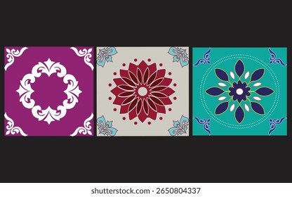 Coleção de 3 azulejos de flores de conjunto Azulejo. Padrões coloridos sem emenda no estilo azulejo. Azulejo coleção oriental texturas sem costura. Portugal espanhol cerâmica. Vetor