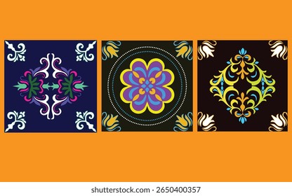 Coleção de 3 conjuntos premium flor Azulejo azulejos. Padrões coloridos sem emenda no estilo azulejo. Azulejo coleção oriental texturas sem costura. Portugal espanhol cerâmica. Vetor