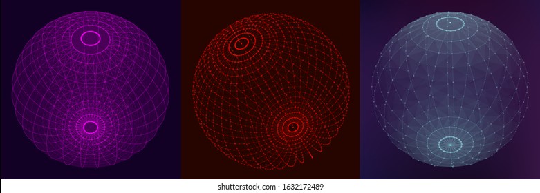 Collection of 3 shining colored spheres on black space background. Wireframe vector illustrations. Global digital connections. Networks. Trendy abstract 3d grid design. Modern and technology concept.