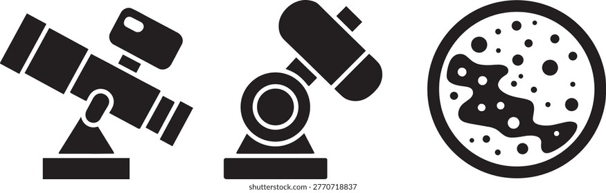 A collection of 3 simple black vector icons, featuring 2 types of telescopes on stands and a stylized representation of an astronomical body with craters.
