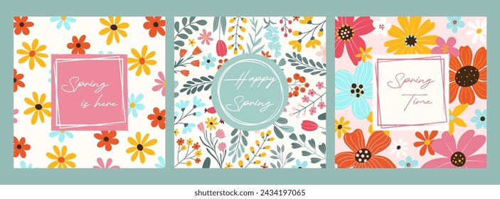 Colección 3 tarjetas de primavera con patrón floral. Flores coloridas abstractas simples, hierbas y texto escrito a mano. Espacio para texto con textura grunge. Plantilla para póster, banner, redes sociales.