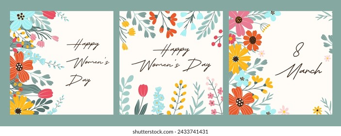 Colección 3 tarjetas cuadradas de celebración para el Día de la Mujer Feliz y el 8 de marzo. Dibujo abstracto de flores, hierbas y texto escrito a mano. Plantilla vectorial en estilo plano para póster, banner, redes sociales.