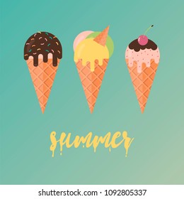 Collection of 3 vector ice cream illustrations. National Ice Cream Day.  Flat design.