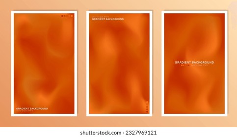 Collection of 3 vertical bright orange wavy wallpapers. A4 fiery backgrounds with gradient defocused soft pattern. Layout of widescreen empty flame banners, cards, flyers with copy space