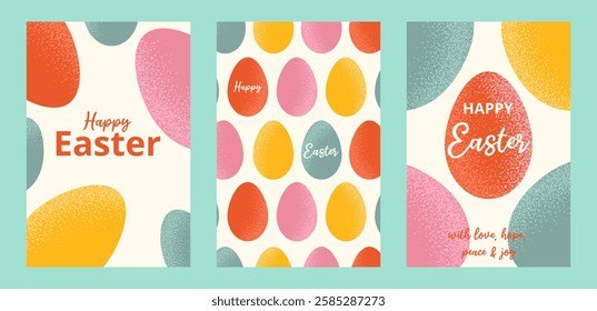 Collection 3 vertical festive card decorated colorful grainy texture eggs and typography for Happy Easter. Perfect for background, poster, label, cover