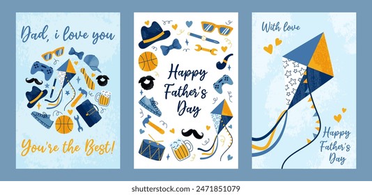 Collection 3 vertical greeting posters for Happy Father's Day. Contemporary design male accessories with grunge textured effect on blue backdrop. Hand drawn style. Template for card, cover, banner