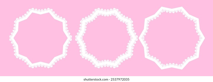 Coleção de moldura de borda de estrelas de oito pontas brancas. Modelo de design isolado. Decoração, rendas e borda doily com fundo rosa. Para projetos vintage, scrapbooking digital, convite de casamento