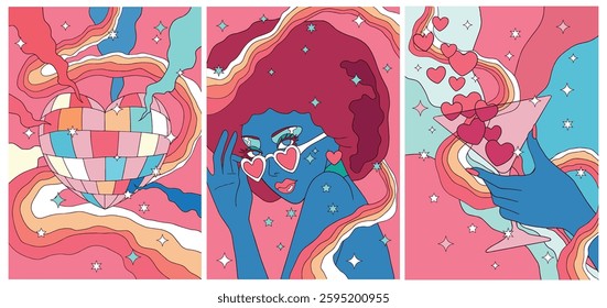 collection of 3 works in pop art style for Valentine's Day, woman in eyepieces with hearts, disco heart and cocktail with hearts	