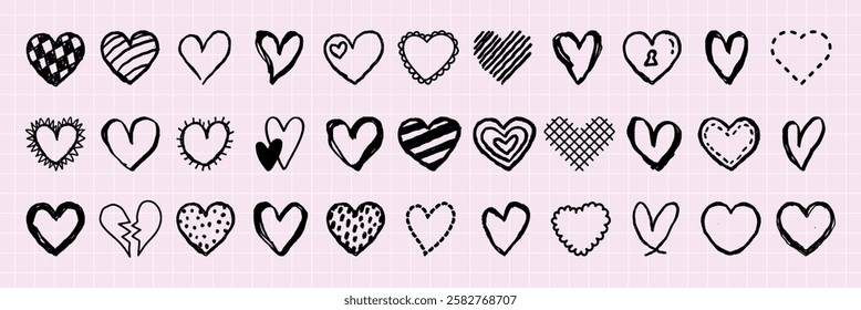 A collection of 30 black heart doodles, each with unique patterns. These heart doodles vary in style, showcasing creative heart designs in black ink. Valentine's element vector set.