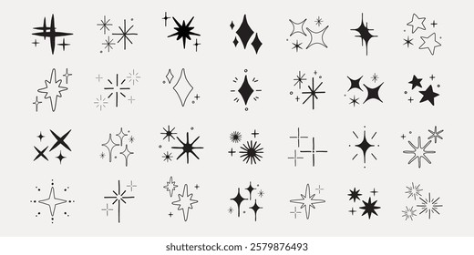 Collection of 30 black star and sparkle icons in various shapes and styles. Star icons and sparkle designs perfect for decoration and creative projects. Element vector set.