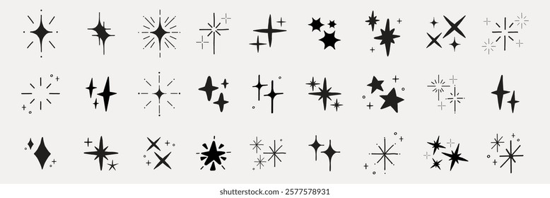 A collection of 30 black starburst icons in various shapes and styles. These starburst designs add flair and sparkle to any project or graphic design. Element vector set.