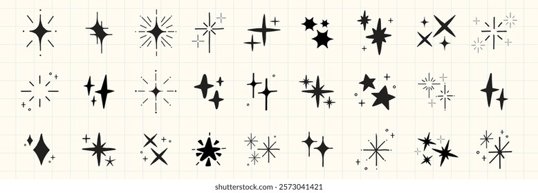 A collection of 30 black starburst and sparkle icons on a grid background. Various starburst shapes and sparkle designs in a minimalist style. Element vector set.