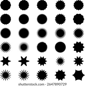 A collection of 30 black starburst and spiky circle shapes on a white background. The shapes vary in number of points and sharpness, offering diverse design elements.