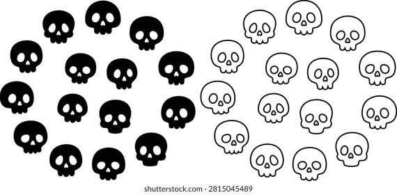 A collection of 30 black and white skulls arranged in two groups on a white background, ideal for Halloween-themed designs
